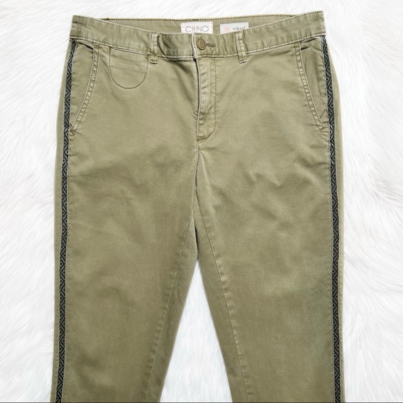 Anthropologie Moss Green Embroidered Side Stripe Straight Leg Ankle Chino Pants - Picture 6 of 12